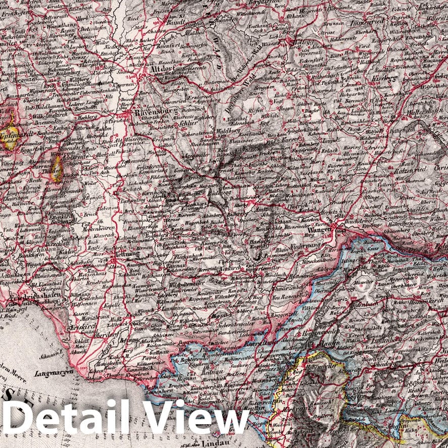 Constance and Lindau, Switzerland - Road Map, 1834 - Historical Map Print