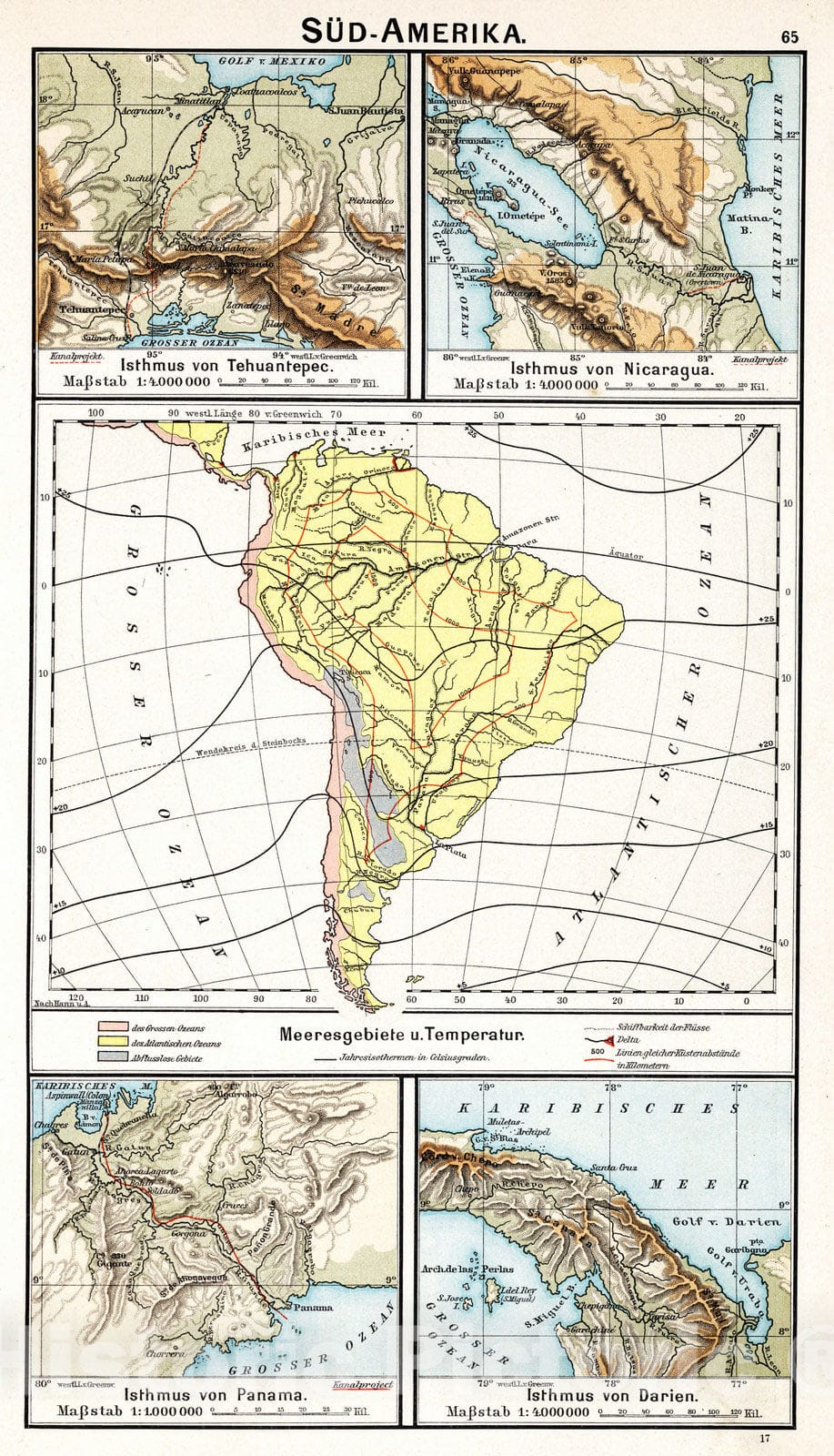 Historic Map : School Atlas - 1896 Sud - Amerika: Meeresgebiete u. temperatur - Vintage Wall Art