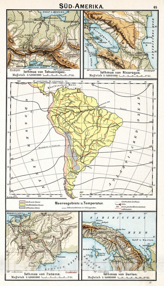 Historic Map : School Atlas - 1896 Sud - Amerika: Meeresgebiete u. temperatur - Vintage Wall Art