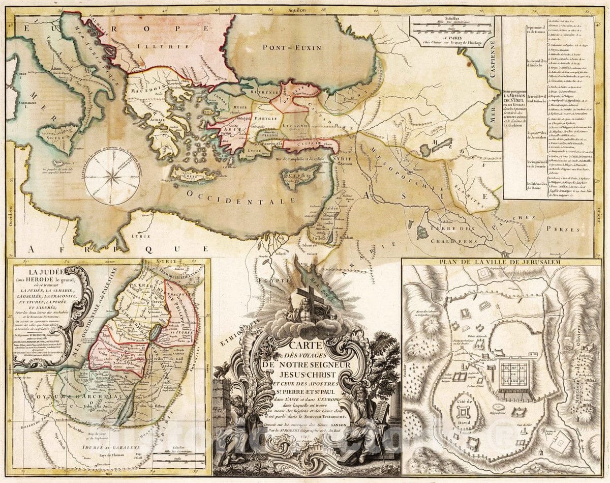 Historic Map : Palestine, Holy Land 1774 Carte des voyages de Notre Seigneur Jesus Christ , Vintage Wall Art