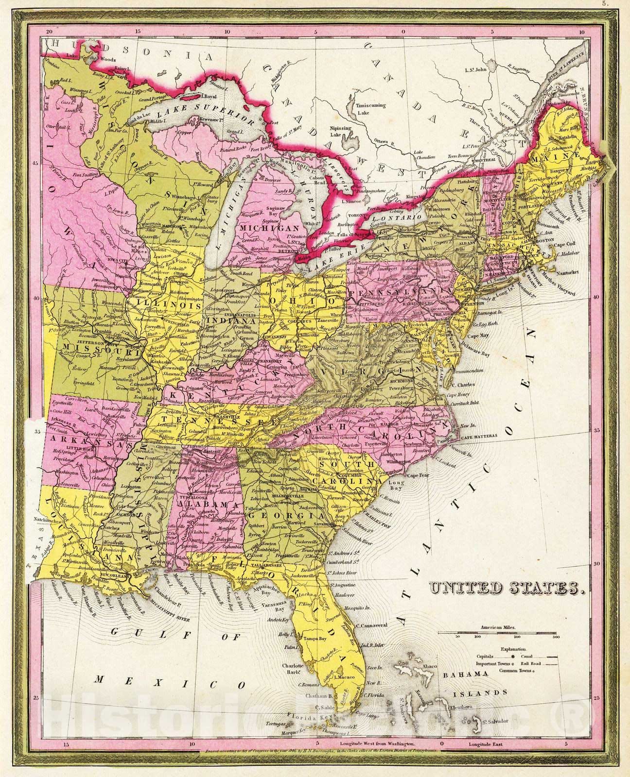 Historic Map : 1846 United States. - Vintage Wall Art