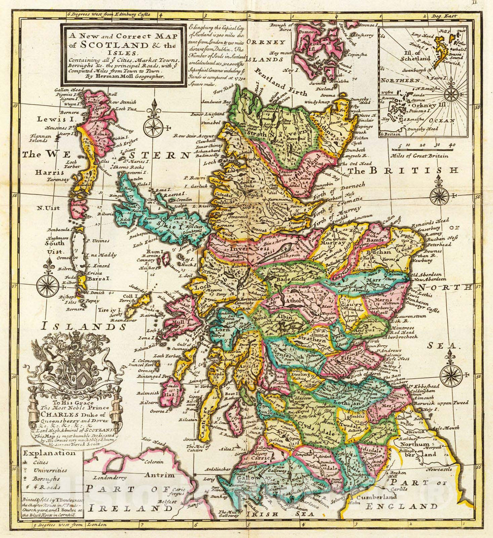Historic Map - 1736 New and correct map of Scotland & the Isles. - Vintage Wall Art