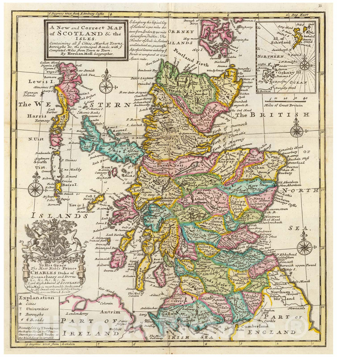 Historic Map - 1736 New and correct map of Scotland & the Isles. - Vintage Wall Art