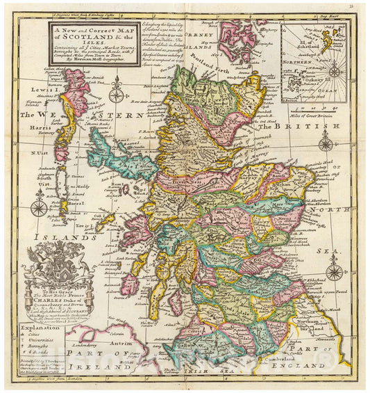 Historic Map - 1736 New and correct map of Scotland & the Isles. - Vintage Wall Art