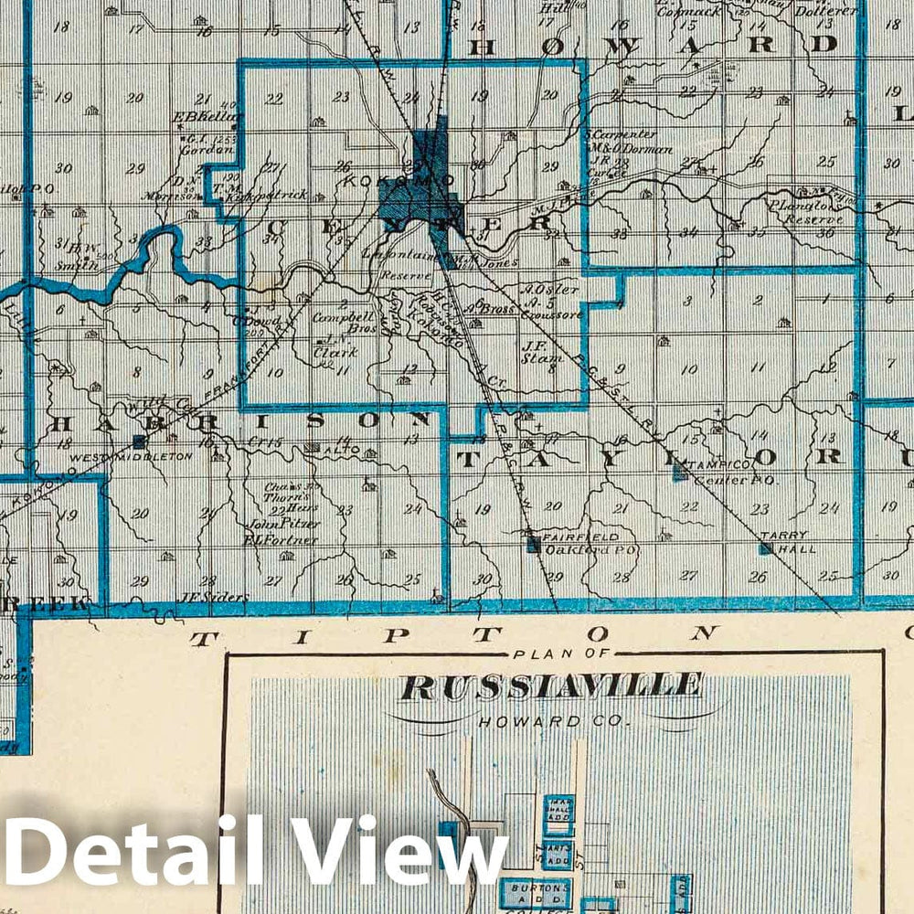 Historic Map : 1876 Map of Howard County (with) Russiaville. - Vintage Wall Art