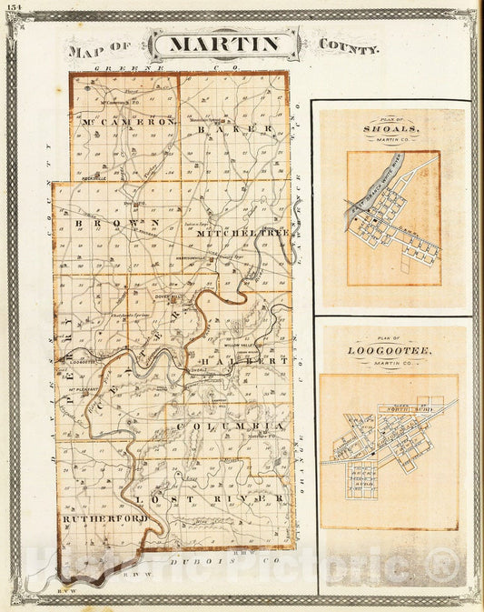 Historic Map : 1876 Map of Martin County (with) Shoals, Loogootee. - Vintage Wall Art