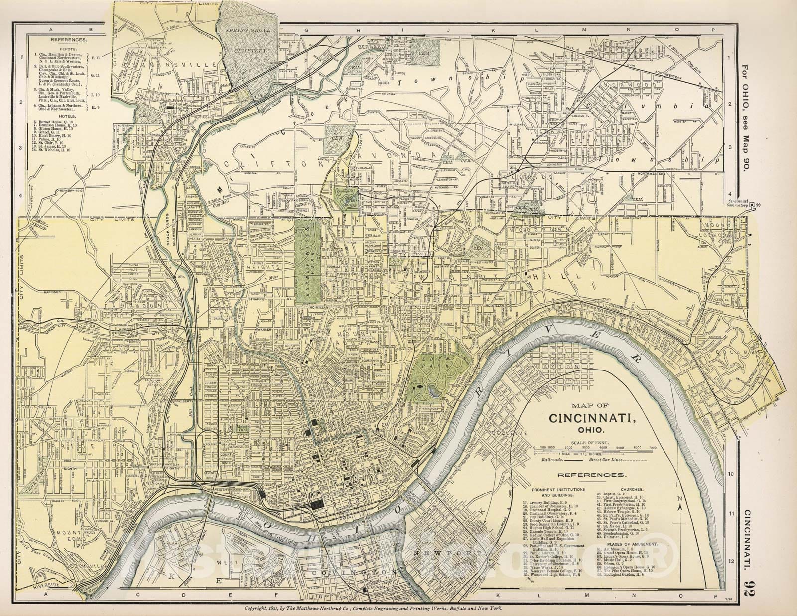 Historic Map - World Atlas - 1891 Map of Cincinnati, Ohio. 92 - Vintage Wall Art