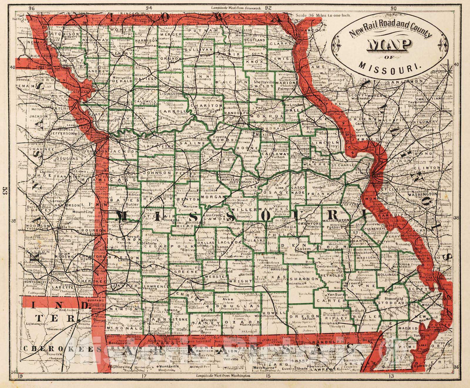 Historic Map : 1883 New Rail Road and County Map of Missouri. - Vintage Wall Art