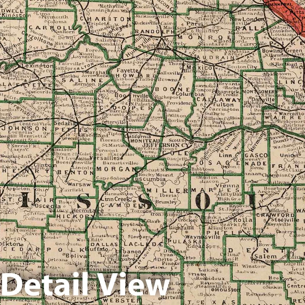 Historic Map : 1883 New Rail Road and County Map of Missouri. - Vintage Wall Art