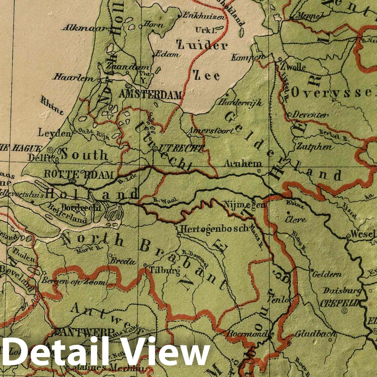 Netherlands and Belgium - Physical Map, 1880 - Historical Map Print