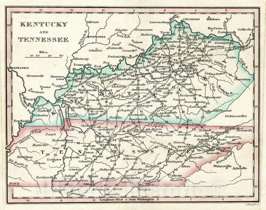Kentucky and Tennessee - Road Map, 1828 - Historical Map Print