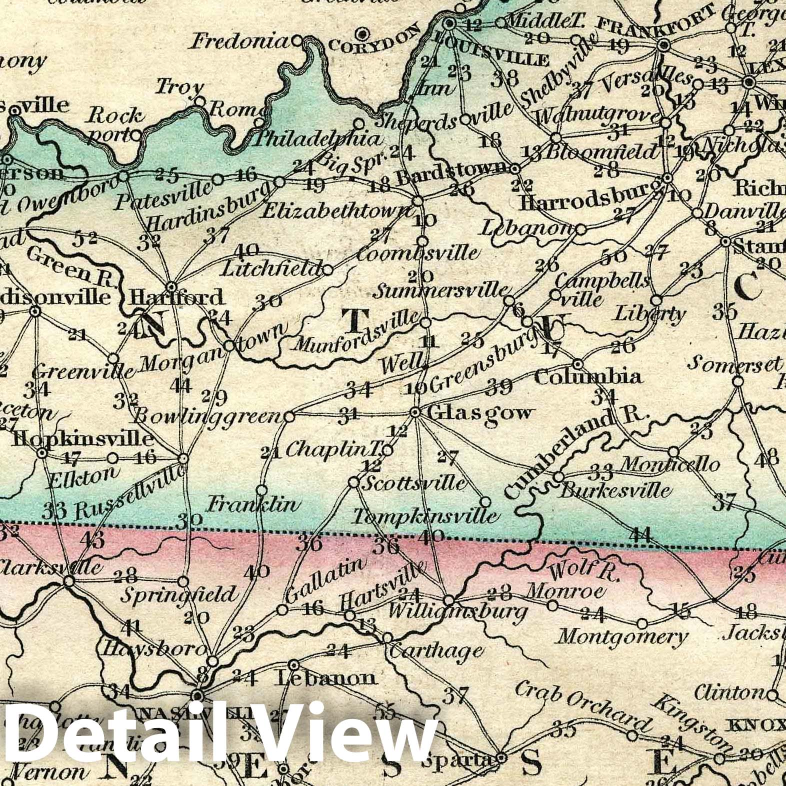 Kentucky and Tennessee - Road Map, 1828 - Historical Map Print