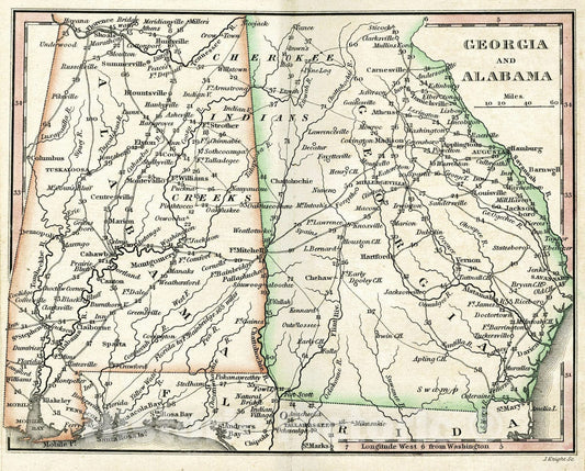 Georgia and Alabama - Road Map, 1828 - Historical Map Print