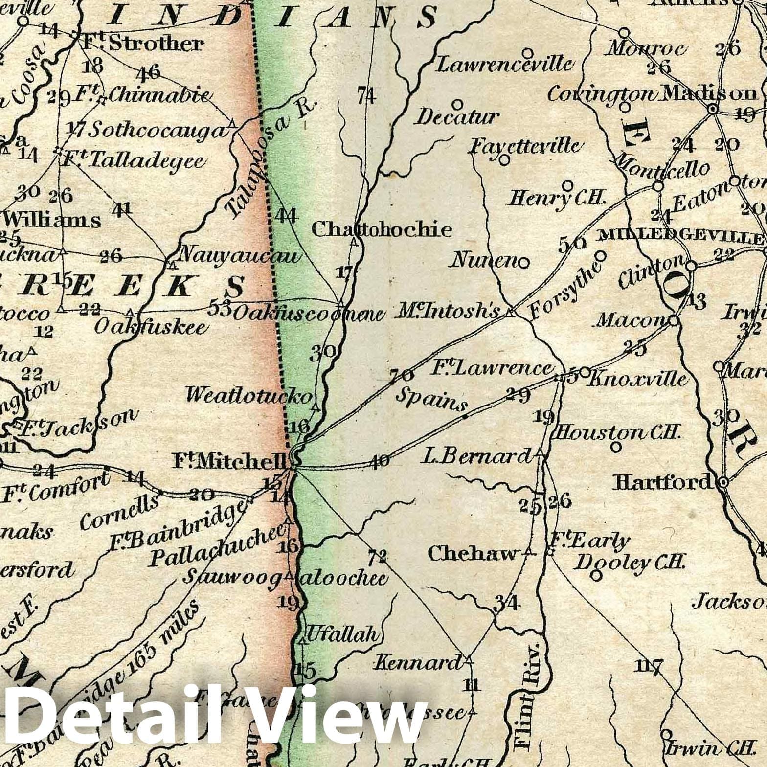 Georgia and Alabama - Road Map, 1828 - Historical Map Print