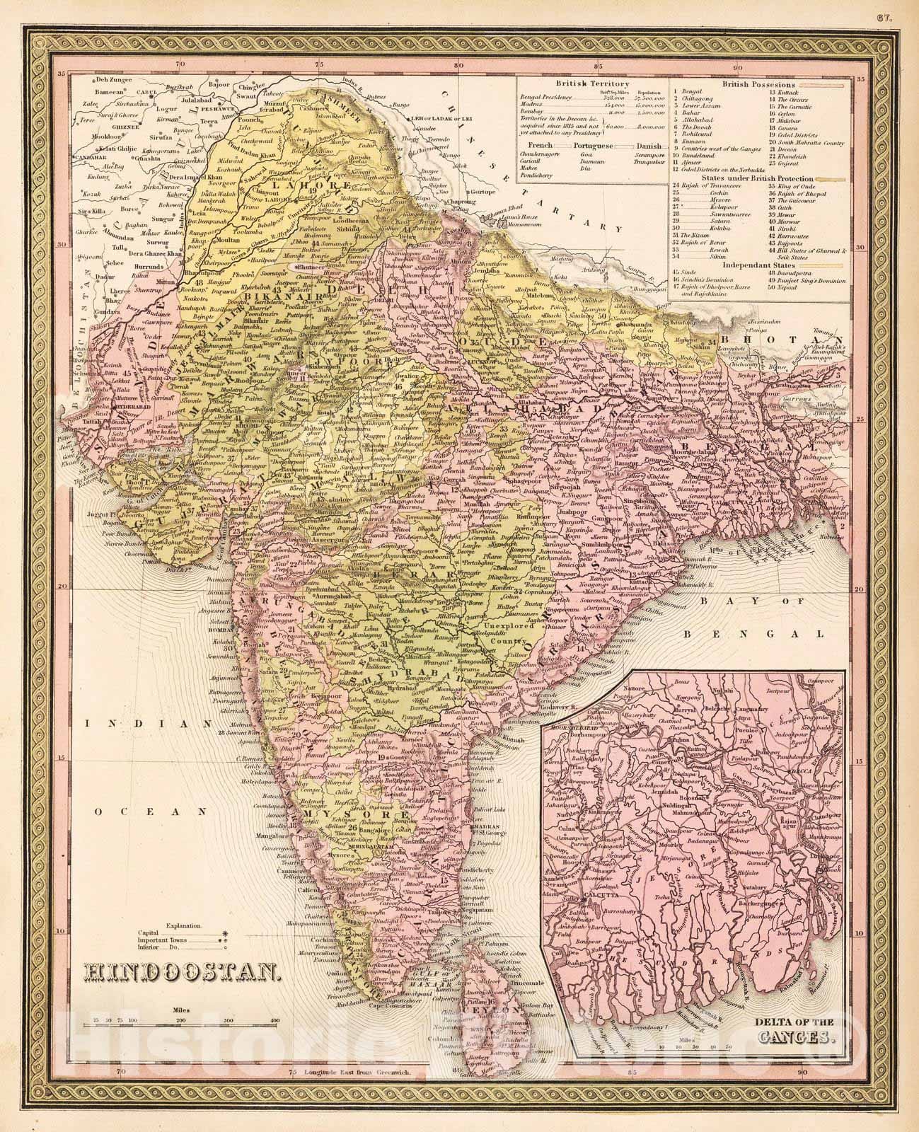 Historic Map : 1850 Hindoostan. - Vintage Wall Art