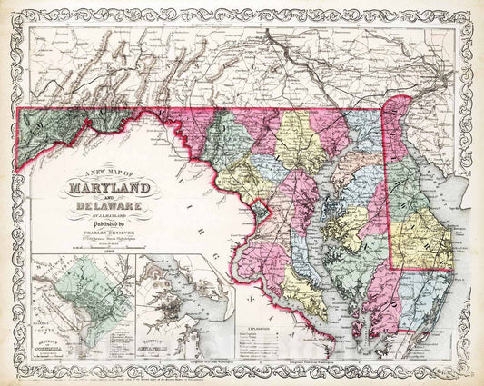 Historic Map : 1860 Maryland and Delaware. - Vintage Wall Art