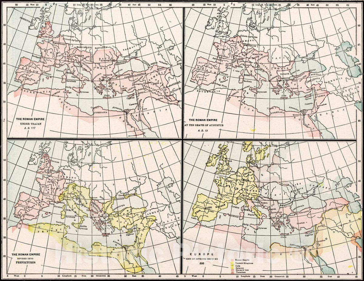 Historic Map : 1901 Roman Empire and Europe end of seven century 695 - Vintage Wall Art