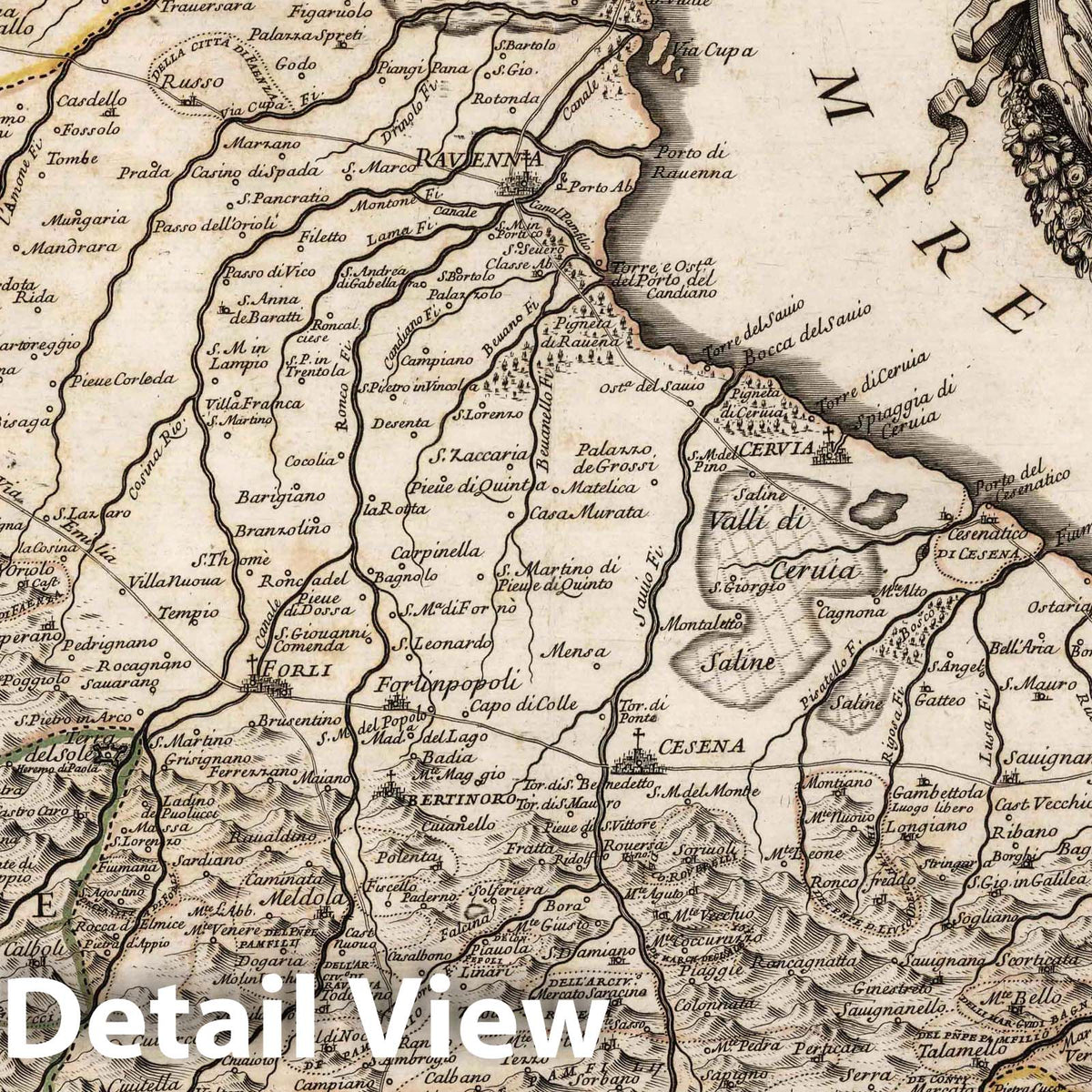 Romagna, Italy - River Map, 1699 - De Rossi Historical Map Print