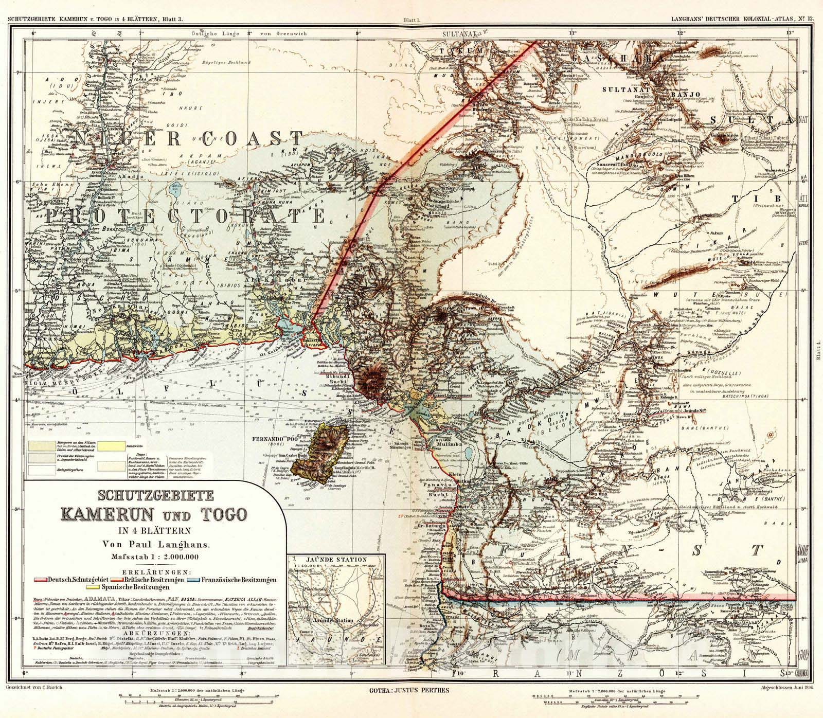 Historic Map : 1896 Nr. 13. Kamerun u. Togo in 4 Blaettern, Blatt 3. (Protected areas of Cameroon and Togo in 4 sheets, sheet 3.) - Vintage Wall Art