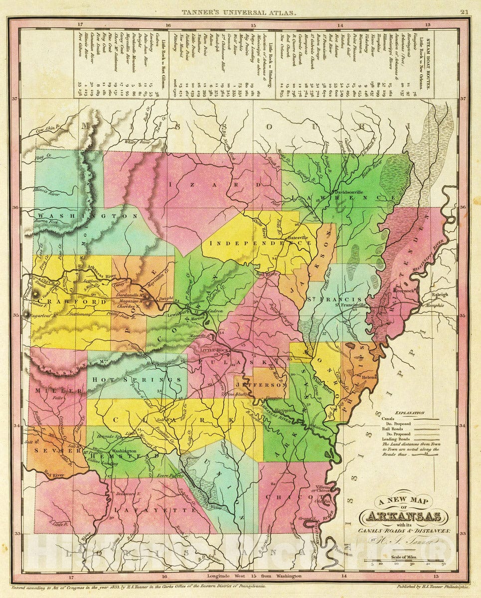 Historic Map : 1836 New Map Of Arkansas. - Vintage Wall Art