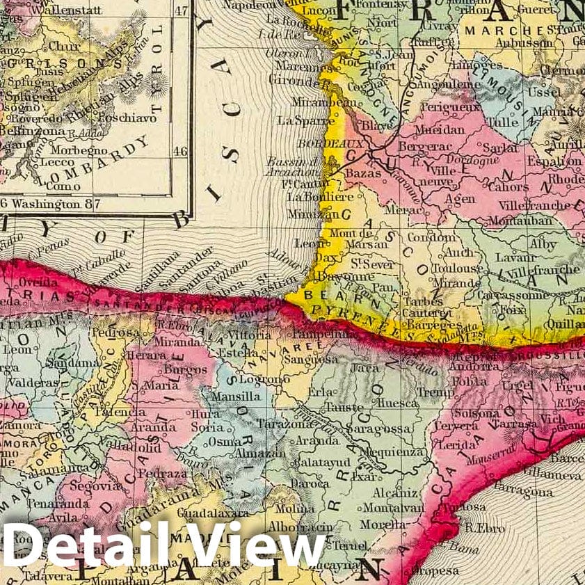 France, Spain, and Portugal with Insets, 1860 - Historical Map Print