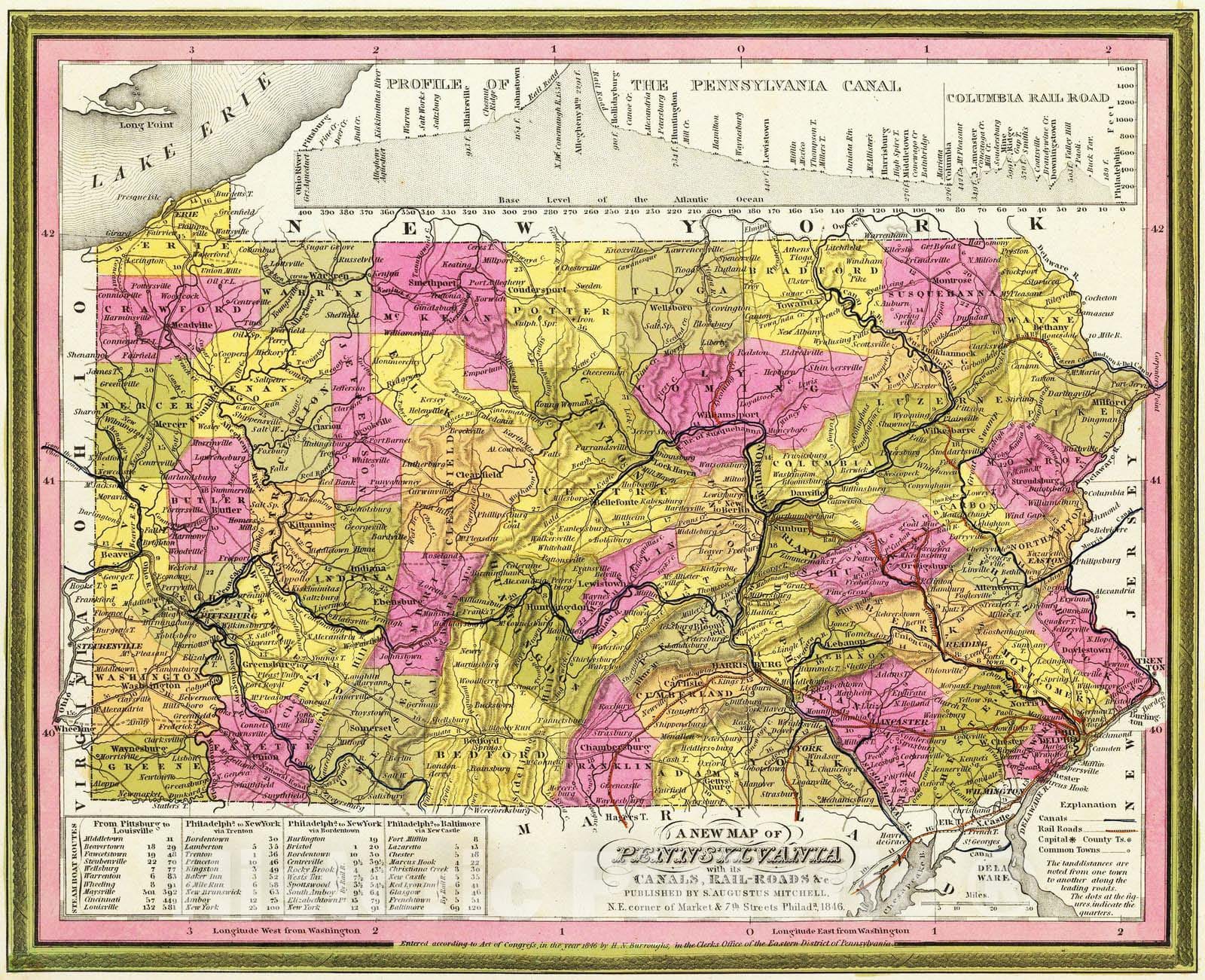 Historic Map : 1846 New Map Of Pennsylvania. - Vintage Wall Art