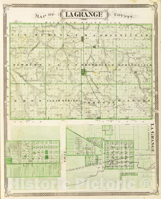 Historic Map : 1876 Map of Lagrange County (with) La Grange, Lima. - Vintage Wall Art