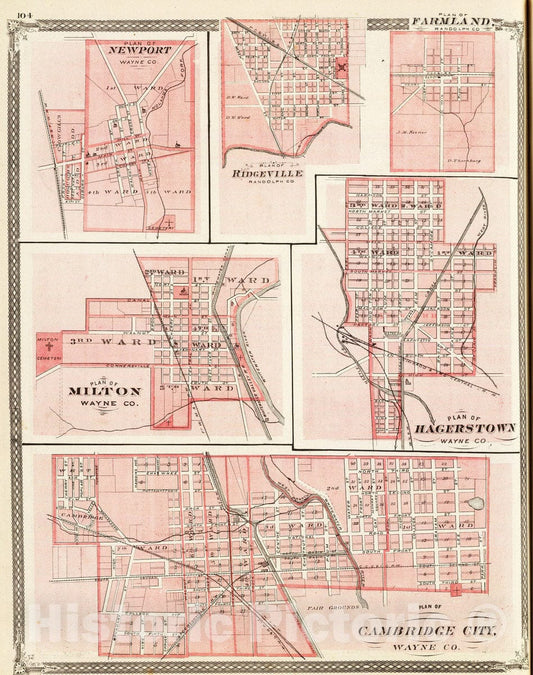 Historic Map : 1876 Plan of Cambridge City, Wayne Co. (with) Newport, Milton, Hagerstown, Ridgeville, Farmland. - Vintage Wall Art