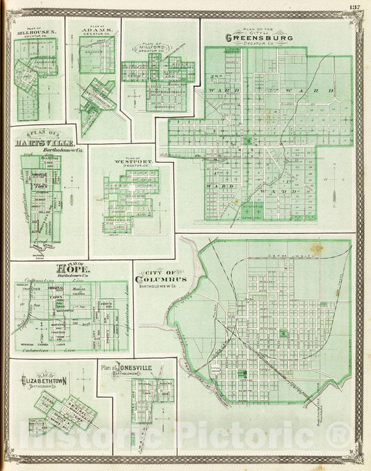 Historic Map : 1876 City of Columbus, Bartholomew Co. (with) Greensburg, Millhousen, Adams, Millford, Westport, Hartsville, Hope, Elizabethtown, Jonesville.