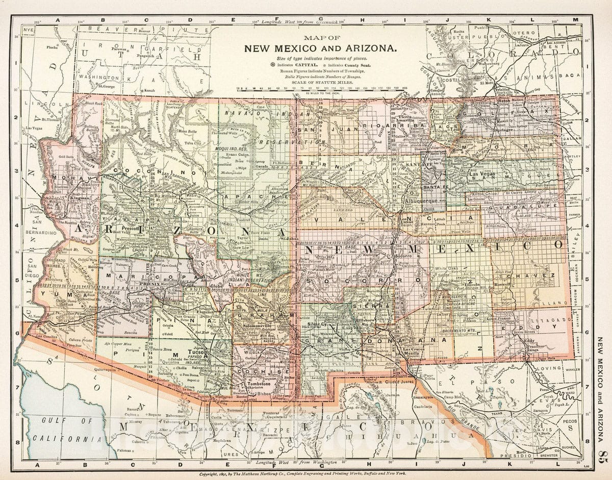 Historic Map : 1891 Map of New Mexico and Arizona. 85 - Vintage Wall Art