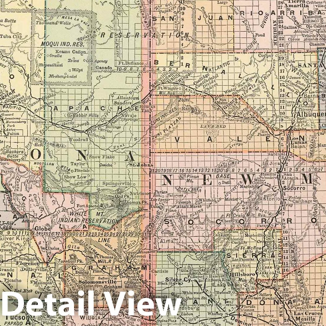 New Mexico and Arizona - Railroad Map, 1891 - Historical Map Print