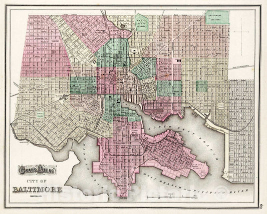 Baltimore, Maryland - Railroad Map, 1873 - Gray's Atlas Historical Map Print