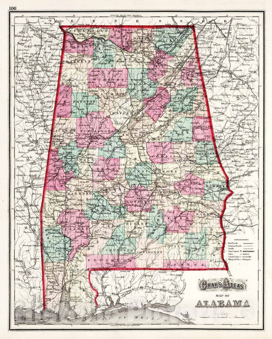 Alabama - Railroad Map, 1873 - Historical Map Print from Gray's Atlas