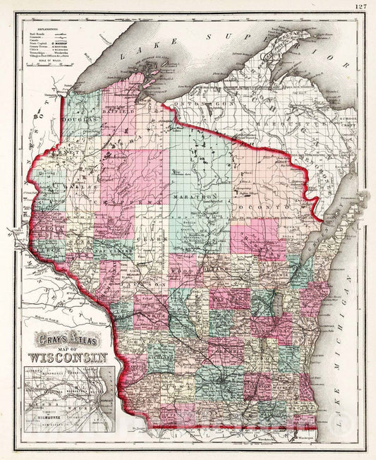 Wisconsin - Railroad Map, 1873 - Historical Map Print