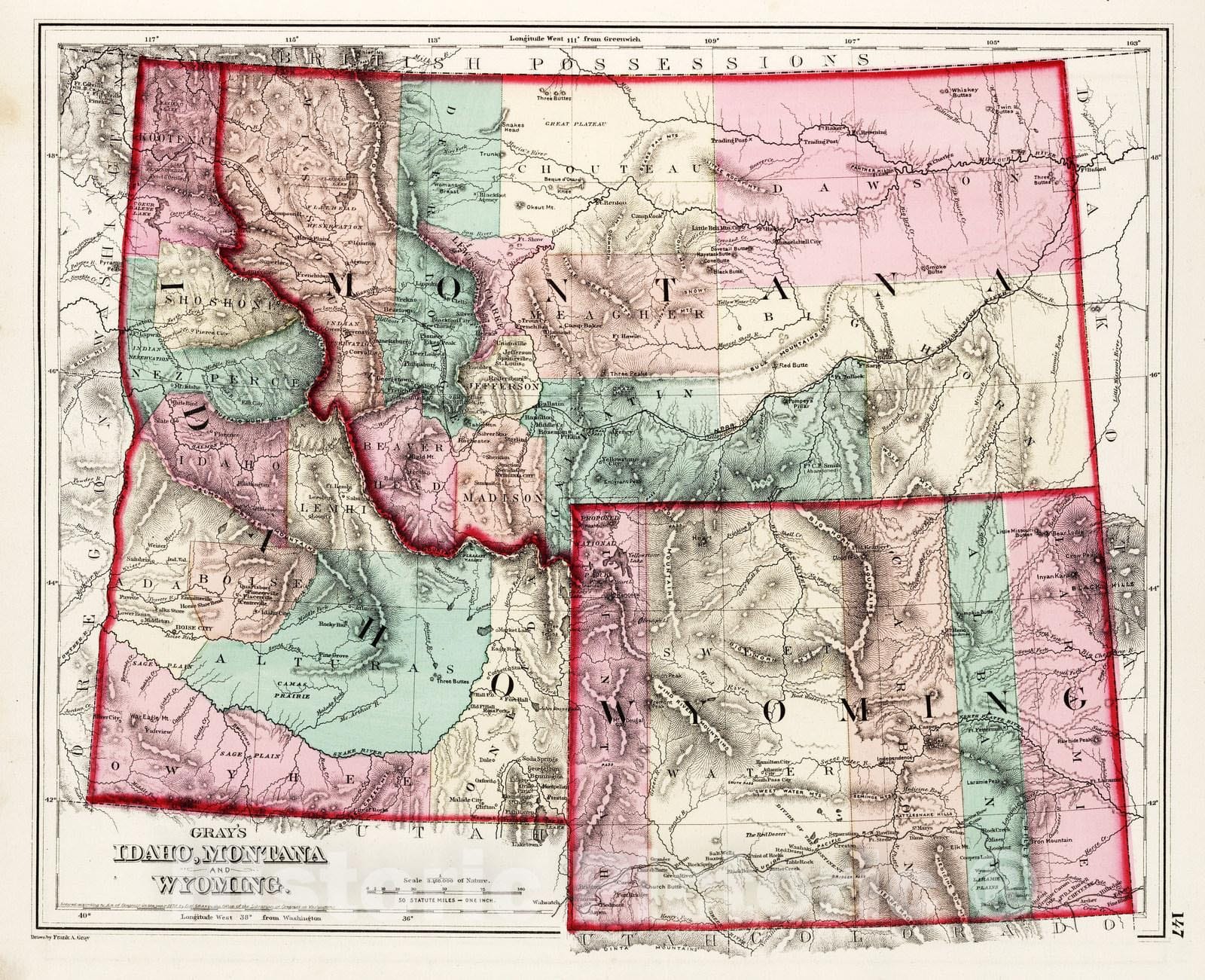 Idaho, Montana and Wyoming - Railroad Map, 1873 - Gray's Atlas