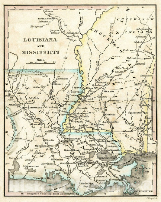 Louisiana and Mississippi - Road Map, 1828 - Historical Map Print