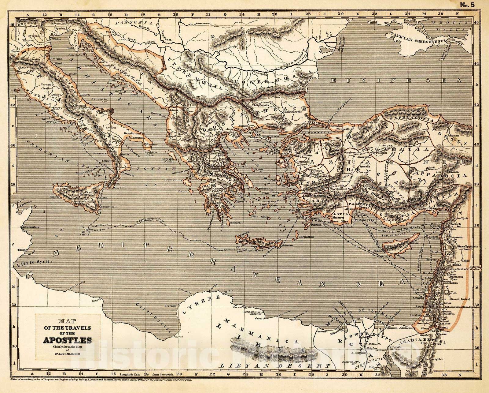 Historic Map : Religious Atlas - 1844 No. 5: Map of the travels of the Apostles - Vintage Wall Art