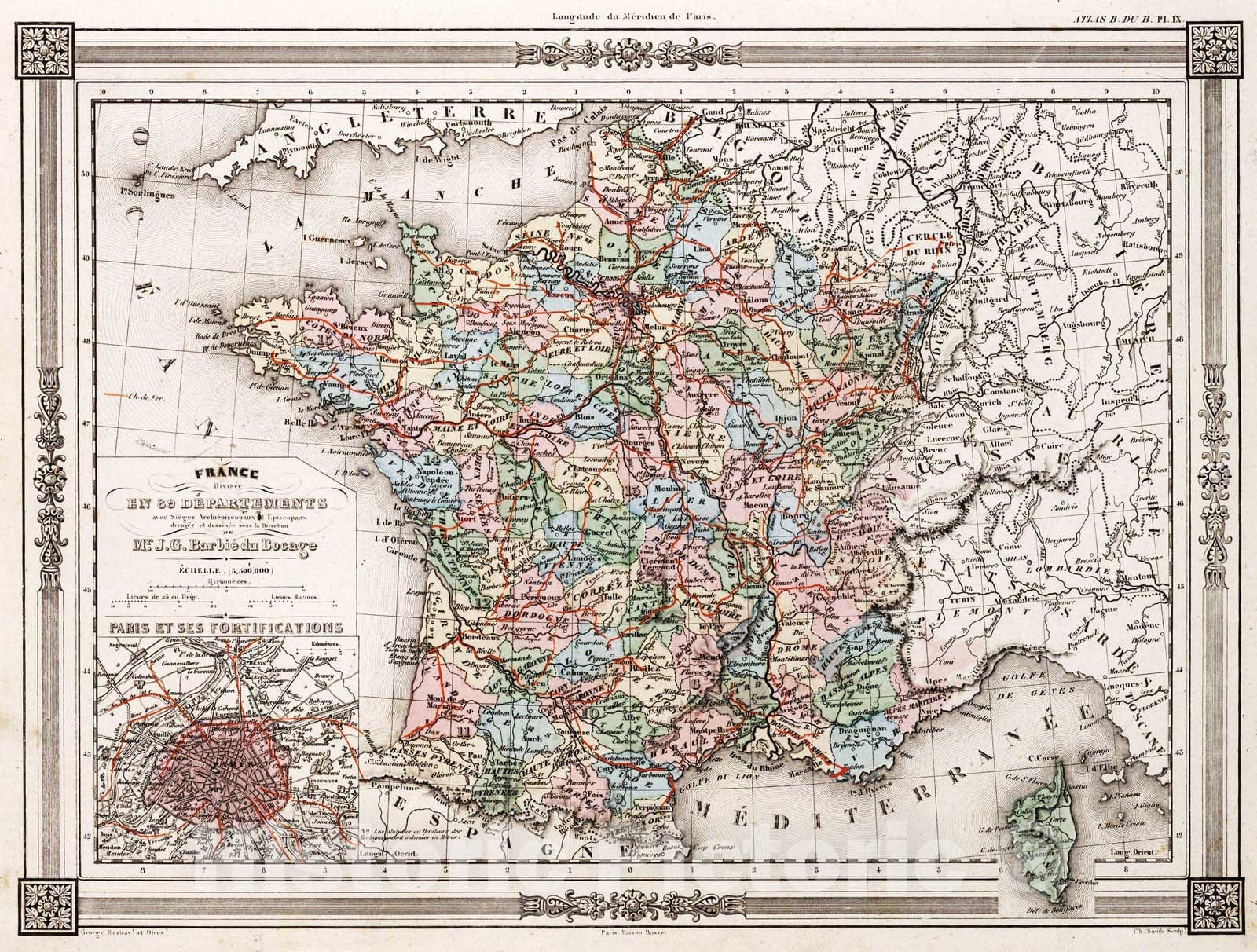 Historic Map : France, 1852 France Divisee en 89 Departements. , Vintage Wall Art