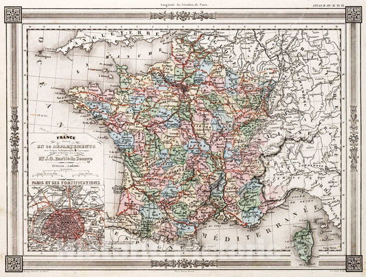 Historic Map : France, 1852 France Divisee en 89 Departements. , Vintage Wall Art