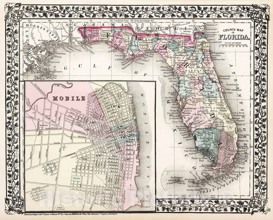 Florida - Railroad Map, 1877 - Historical Map Print
