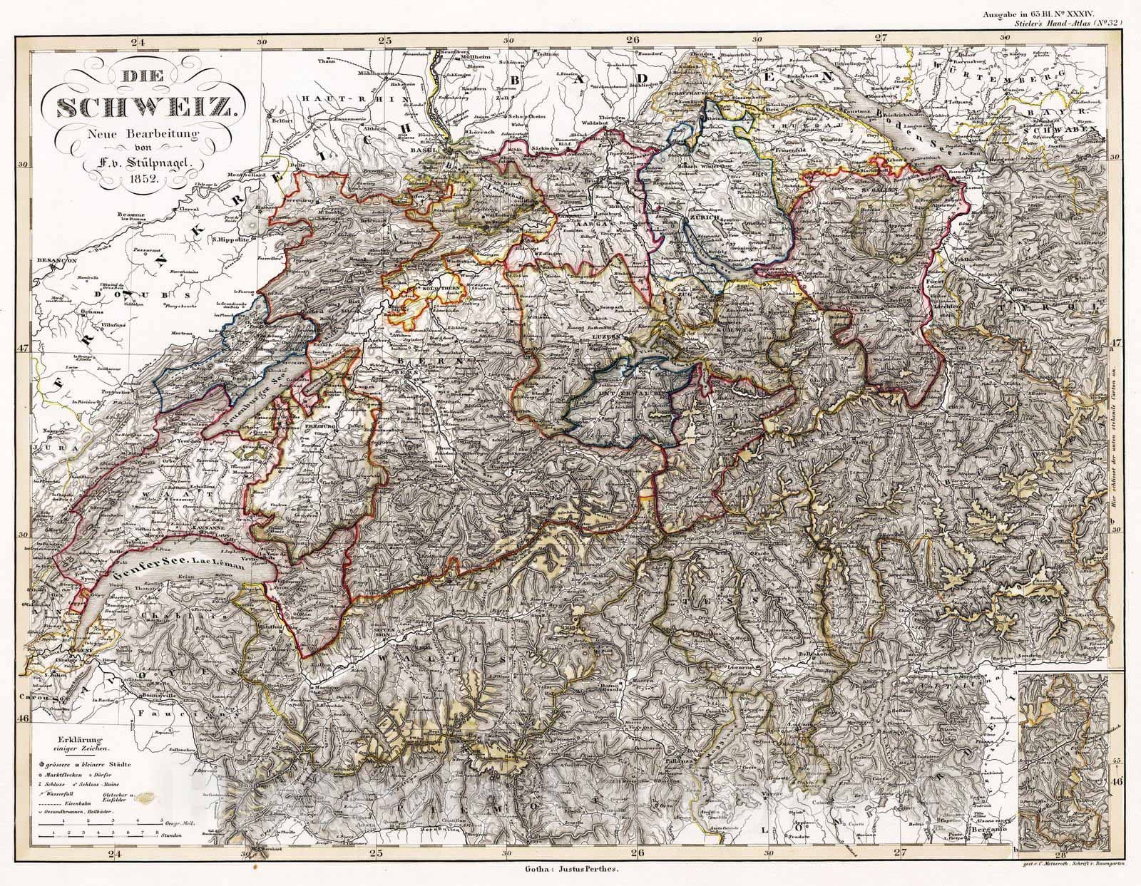 Historic Map : Switzerland, 1852 Die Schweiz. (Switzerland). , Vintage Wall Art