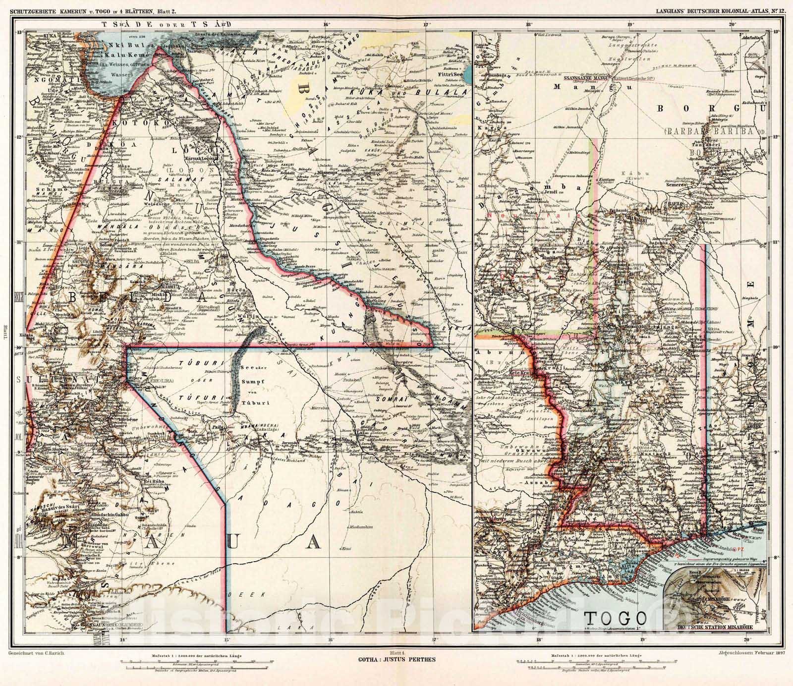 Historic Map : 1897 Nr. 12. Kamerun u. Togo in 4 Blaettern, Blatt 2. (Protected areas of Cameroon and Togo in 4 sheets, sheet 2.) - Vintage Wall Art