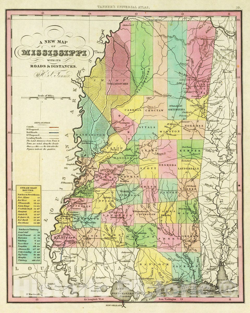 Historic Map : 1836 A New Map of Mississippi : Vintage Wall Art