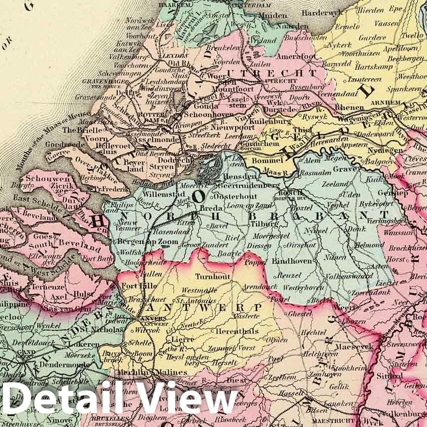 Netherlands and Belgium - Physical Map, 1856 - Historical Map Reproduction