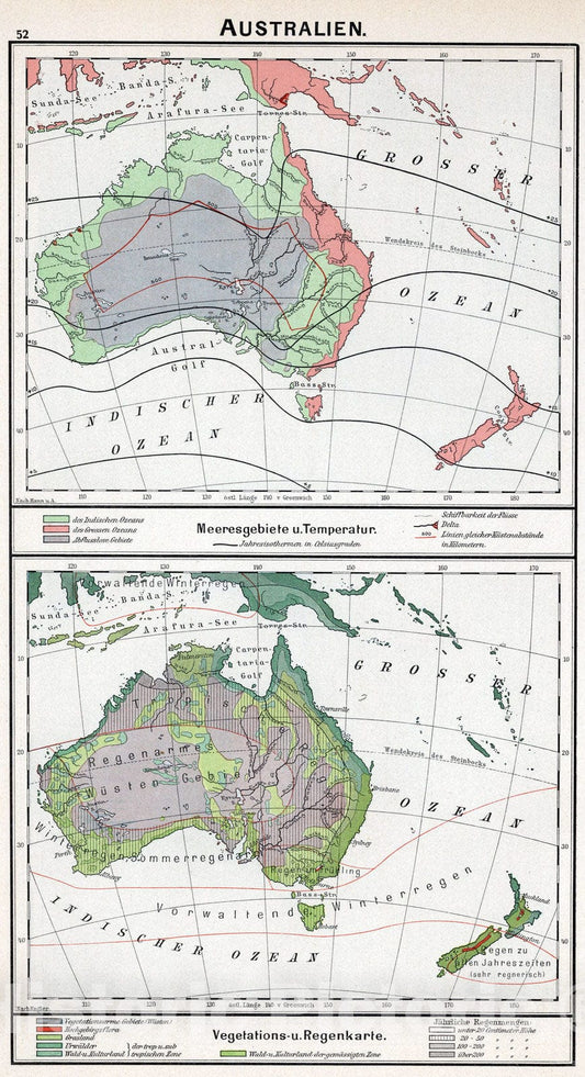 Historic Map : Australia 1896 Australien: Meersgebiete u. Temperatur. Vegetations-u. Regenkarte , Vintage Wall Art