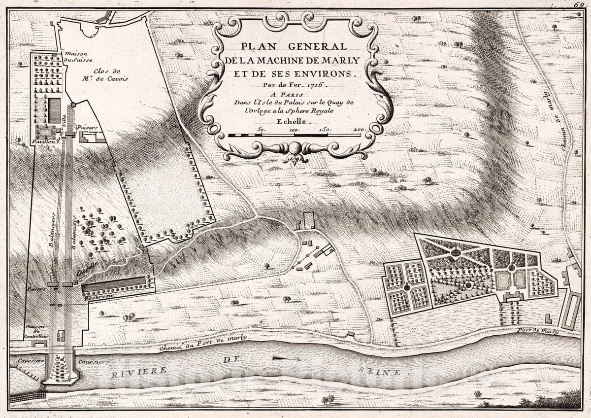 Historic Map : 1716 Plan General de la Machine de Marly et de ses Environs. - Vintage Wall Art