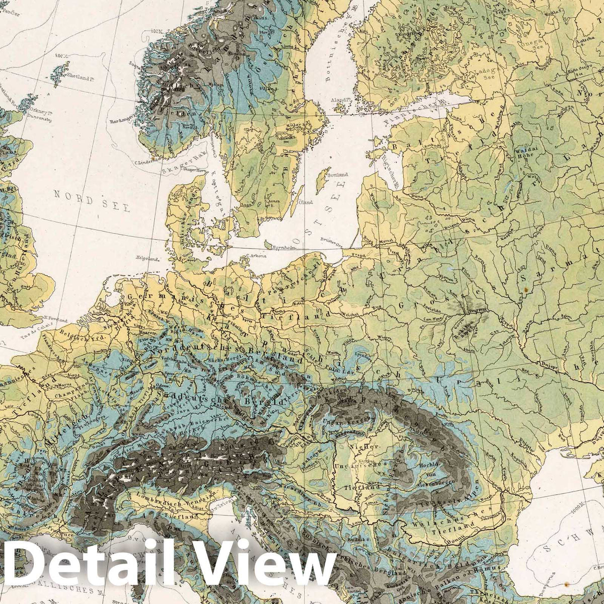 Europe - Topography and Hydrography, 1875 - Historical Map Print