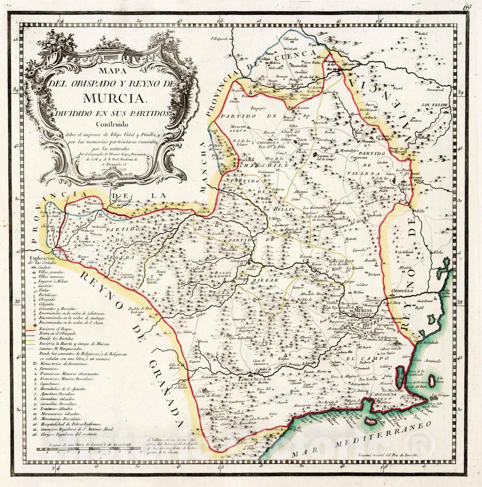 Historic Map : Spain, 1768 69. Mapa del obispado y Reyno de Murcia , Vintage Wall Art