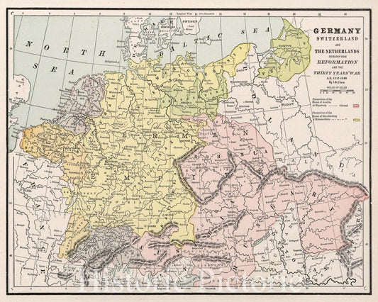 Germany, Switzerland, and Netherlands during the Reformation and Thirty Years' War, 1901 - Historical Map Print