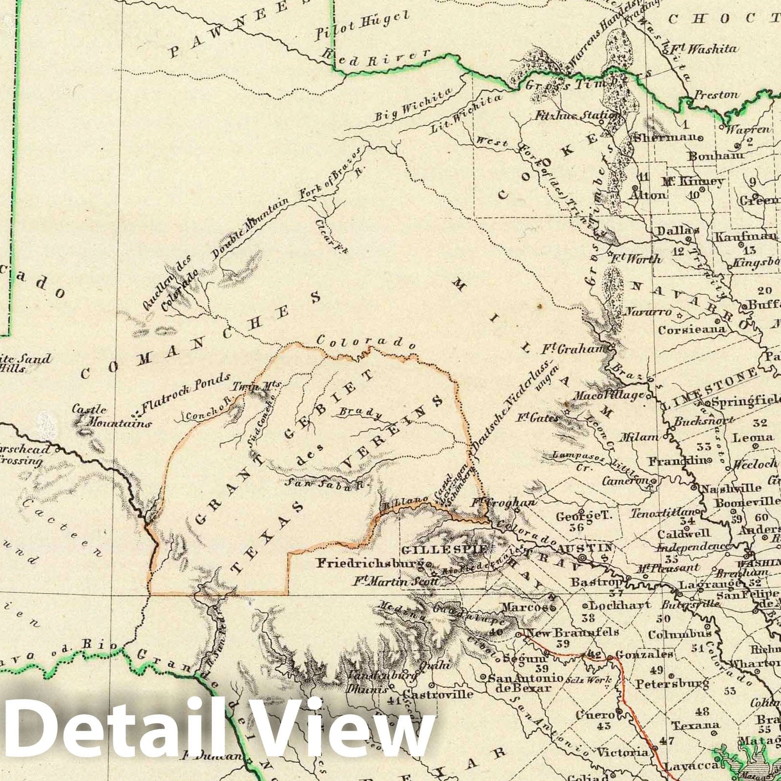 Texas - Road Map, 1854 - Historical Map Print